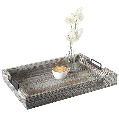 China Eco-Friendly Rustic Torched 20-Inch Wood Serving Tray With Modern Black Metal Handles for sale