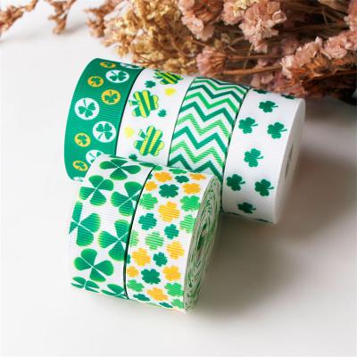 China Hot Selling Green Clover Viable Pattern Polyester Amazon Ribbed Ribbon, Suitable for Holiday Decoration, Gift Tie for sale