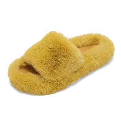 China Winter Recyclable Soft Warm Pink Fluffy Faux Fur Open Toe Indoor Home Slippers For Women for sale