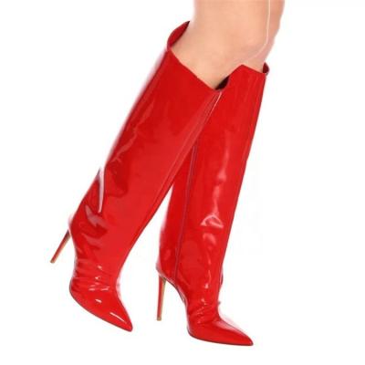 China Autumn Stiletto High Heels Patent Women's Red Gold Silver Leather Fashion Boots Design Waist Thin Heeled Knee High Boots Side Zipper for sale