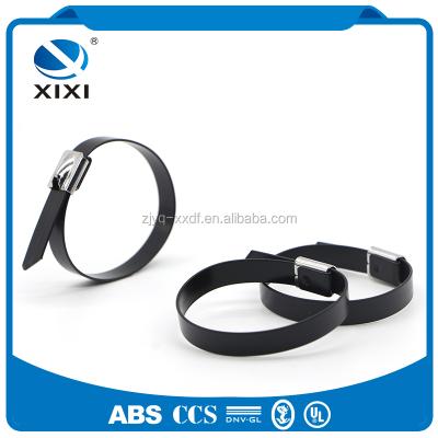 China SS304 Black Color PVC Coated Metal Zip Cable Ties for sale