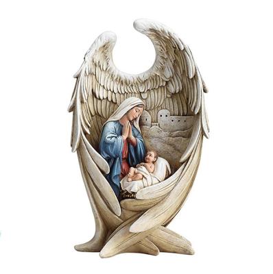 China Europe Mother Mary and Baby Jesus in Angel Wing Resin Nativity Figurine Religious Statues Wholesale for sale