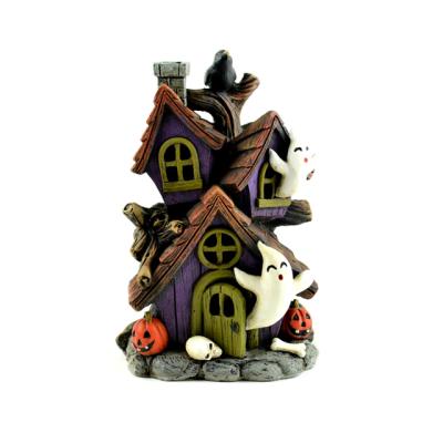 China Eco-friendly Handmade Painted Halloween Decorative Resin Mini LED Haunted House for sale