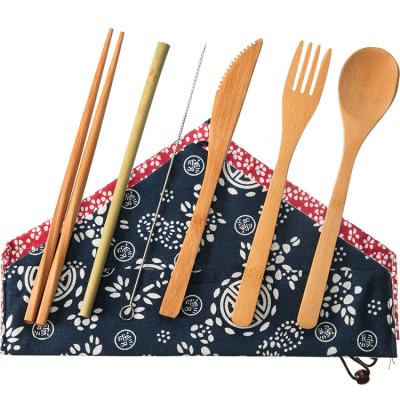 China Party Sustainable Home Travel Eco Friendly 7Pcs Bamboo Cutlery Set With Cloth Bag Spoon Fork Knife Set Reusable Bamboo Cutlery Set for sale