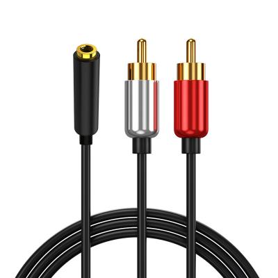 China Slim Speaker Shape 24K Gold Plating 3.5mm Extension Female to 2 RCA Male Speaker Audio Cable for sale