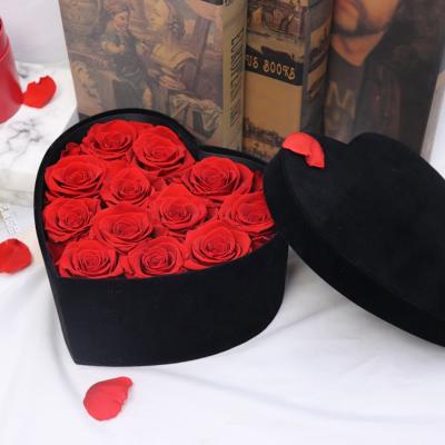 China Mothers Valentines Gift Flower Gift Heart Shape Velvet Flower Box Black Color Lasting Eternal Pink Forever for sale