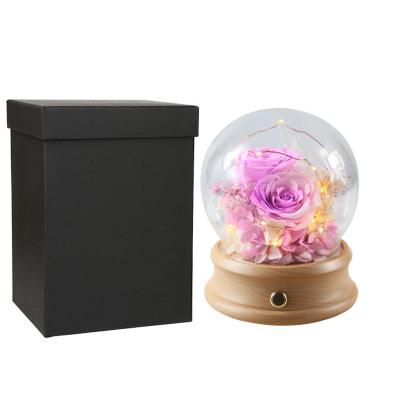 China Customized handmade wooden bluetooth music box valentines gift preserved rose in glass dome for sale