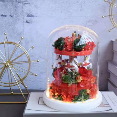 China Luxurious Customized GIF or Decoration Preserved Rose Musical Carousel Handmade Eternal Flower Rose Rotating Carousel for sale