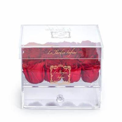 China Durable Luxury Flower Arrangement Preserved Mounted In Acrylic Box Acrylic Drawer Rose Box for sale