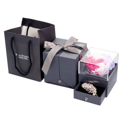 China Durable Forever Rose Flower Jewelry Box With Preserved Durable Rose Drawer Ring Box for sale