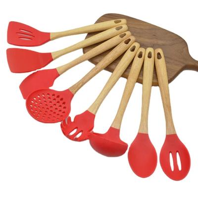 China Sustainable KingForce 8 Pcs Silicone Kitchen Spatula Utensils Set Wooden Handle Accessories Cooking Tools for sale