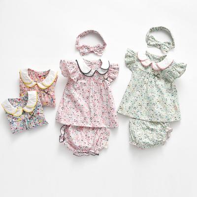 China 2021 New Summer Antibacterial Girls Bows Cotton Dress Infants' Clothing Sets Child Two Piece Dress Floral Skirt With Ruffle Sleeve for sale