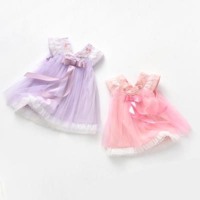 China Princess Summer Fashion Little Girl Dresses Pink Princess Skirt Bow Embroidered Birthday Party Wear Lace Sleeveless Dress for sale