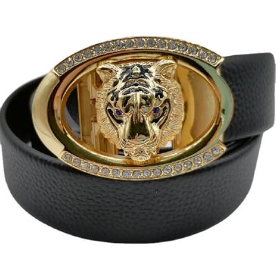 China Fashion Business Casual Tiger Design Rhinestones Automatic Buckle Luxury Men's Belt Top Grain Leather Belt for sale