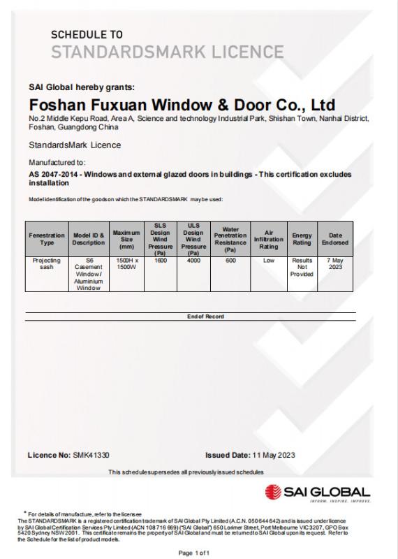 StandardsMark Licence - Guangdong Fuxuan Green Smart Home Technology Co., Ltd.