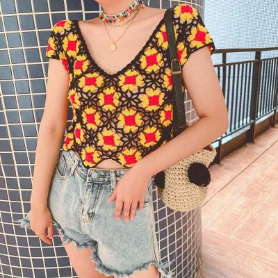 China 2022 Anti-Wrinkle Custom OEM and ODM Hollow T-shirt Women Sweater Crocheted Hand Crocheted Knitwear Short Sleeves Crocheting Sweater Women for sale