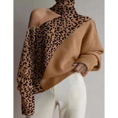 China Custom Anti-wrinkle leopard print woman tops sexy sloping shoulders outfits women autumn sweater fashionable knitwear for sale