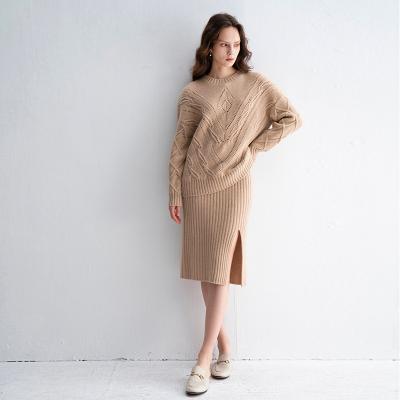 China Custom Autumn Winter 100% Pure Cashmere Breathable Cable Knitted Sweater Skirt Women Set 2 Piece Set Outfit Sweater Top Twins for sale