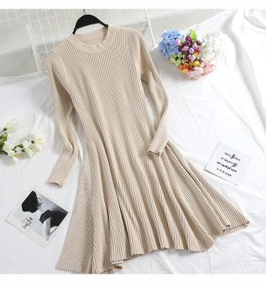 China OEM Anti-Static High Quality Sexy Lady Long Sleeve Ruched Drawstring Plaid One Piece Dots Fitted Knit Midi Sweater Dress for sale