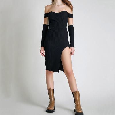 China Anti-Static Custom Logo OEM&ODM Designer Off Shoulder Knit Dresses Black Women Ribbed Knit Bodycon Midi Knit Dress for sale