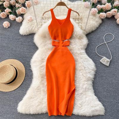 China New Summer Women's Ins Summer Dresses Anti-Wrinkle Elegant Sexy Cutout Ladies Summer Dresses Open Waist Knitted Long Suspender Skirts for sale