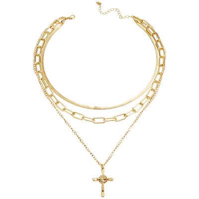 China 14K Gold Material Friendly Cross Pendant Necklace Layered Snake Chain Flat Herringbone Necklace For Women And Girls for sale