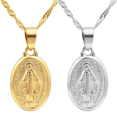 China Gold Virgin Mary Pendant Necklace Water Wave Chain Women Necklace Silver Plated Religious Jewelry Friendly Material for sale