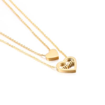 China Fashion Creative Heart Shape Stainless Steel Material Women Friendly Pendant Jewelry Double Chain Necklace For Mother's Day Gift for sale