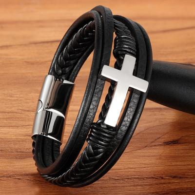 China Fashion Friendly Cross Layer Design Stainless Steel Bangle Fashion Men Multi Leather Classic Bangle Gift for sale