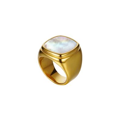 China Friendly Material 14K Gold Plated Titanium Steel Rings Inlaid White Shell Jewelry Large Square Rings for sale