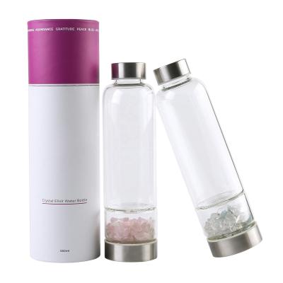 China BPA Viable Rose Quartz Borosilicate Glass Water free Crystal Bottle With Cylinder Packing for sale