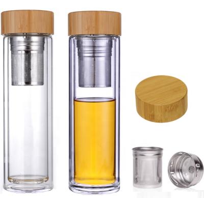 China Sustainable Unbreakable Cute Double Wall Glass Water Bottle Bamboo With Tea Infuser Eco-Friendly for sale