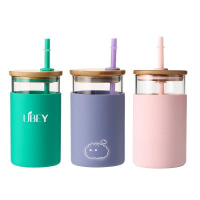 China 2021 Custom Viable Silicone Bamboo Sleeve Lid Kids Water Bottle Straw Glass Cup For Drinking for sale