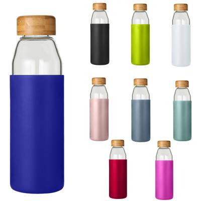 China BPA Free Silicone Sleeve Borosilicate Glass Sustainable Popular Water Bottle With Bamboo Lid for sale