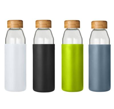 China 500ML Sport Silicone Sleeve Borosilicate Glass Sustainable Eco Friendly Water Bottle With Bamboo Lid for sale