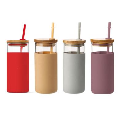 China High Quality Sustainable Bubble Milk Tea Bottle Water Bottle Silicone Sleeve Glass Tumbler With PP Straw for sale