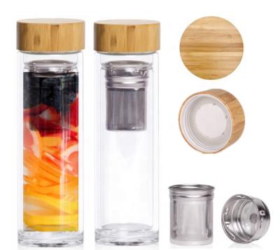 China Double Wall Viable Custom Logo Bamboo Lids Glass Water Bottle With Tea Fruit Infuser for sale