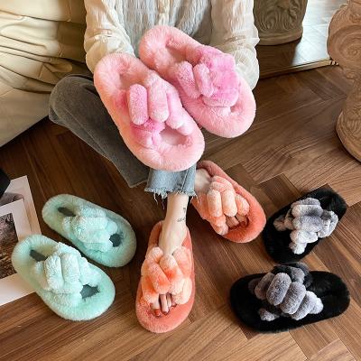 China CUSHIONING Winter Open Toe Mule Women Slippers Fluffy House Slide Vegan Faux Fur Slider Slippers Factory Fashion Women for sale