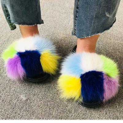 China Fashion Trend Custom Logo Indoor Unique PVC Fur Slides With Bag Purses Women Hairy Raccoon Fur Slides Fur Slipper For Women for sale