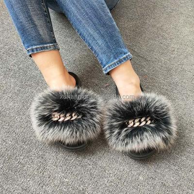 China Fashion Trend Wholesale Women's Fur Slides Extra Fluffy Fur Real Slides Design Chain Fur Slides for sale