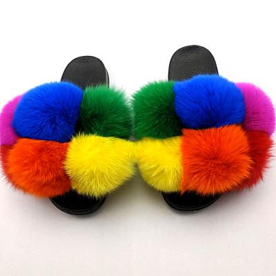 China Fashion trend design women's fur slides slippers especially fur slides pom pom wholesale fur slides for sale