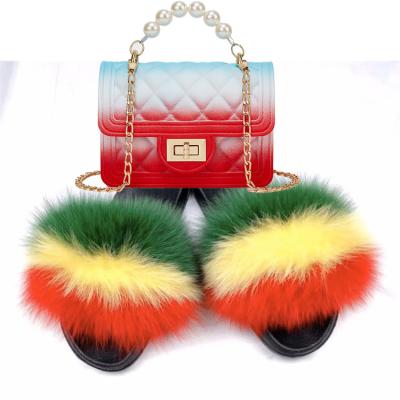 China Fashion Trend Rainbow Colored Fox Fur Custom Made Women's Real Pussy Pack Slides Jelly Handbags Matching Fur Slides for sale