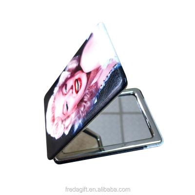 China Belle Print Square Convenient Custom Leather PU Pocket Mini Mirror / Folding Makeup Mirror for sale