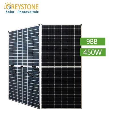 China Sliver.Anodized Aluminum Alloy GREYSTONE 450W 9Bb Half Bifacial Cell 144 Array Solar Panel Dual Glass Mono Solar Panel for sale