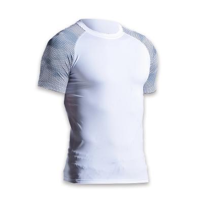 China Model B113 Polyester Antibacterial Cationic Dye 100% Dry Fit White Men Fitness Wear Tights Sport T-Shirt for sale