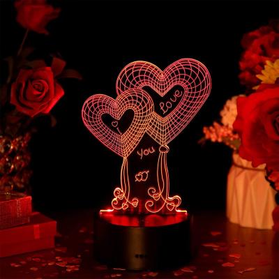 China Modern Dual Optical USB 3D Heart Balloon Night Light 7 Colors Change Sleep Lamp Dual Heart Led Night Lamp for sale