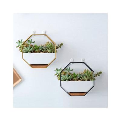 China Wall Hanging Nordic Minimalist Simple Octagonal Geometric Table With Tray Meat Ceramic Flower Support Iron Frame Bamboo Potted Set for sale