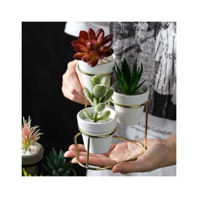 China Minimalist Iron Succulent Plant Flowerpot Plant Desktop Three Sets Around Ceramic Pot With Simple Planter Rack Stand Iron Home Decoration for sale