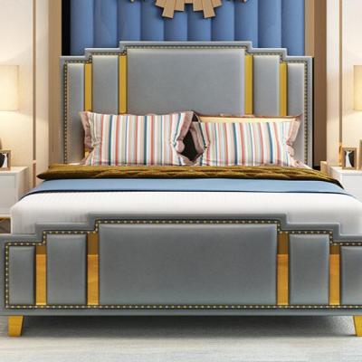 China Modern Luxury Faux Leather Queen King Bed Frame Genuine Leather Silent Durable Wooden Slats for sale