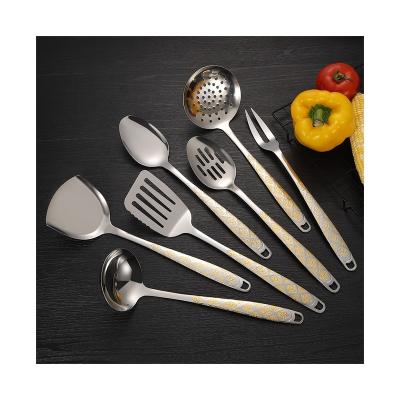 China Sustainable Eco-friendly Gold Plated 7Pcs Kitchen Utensil Set Skimmer Soup Pouch Stainless Steel Kitchen Accessories Tool for sale